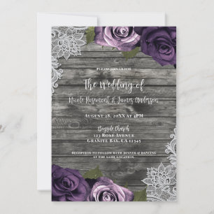 Deep Purple Roses Grey Rustic White Lace Wedding  Invitation