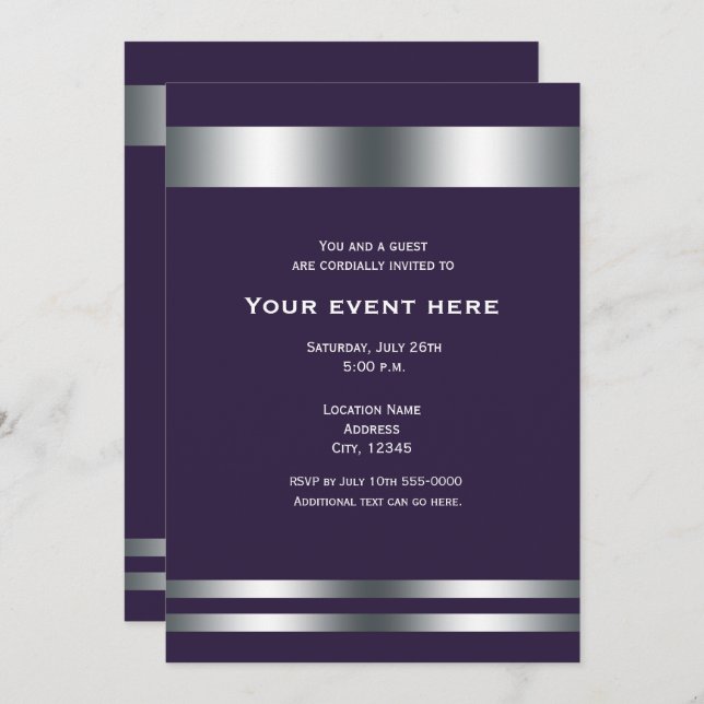 Deep Purple & Silver Elegant Dinner Party Event Invitation (Front/Back)