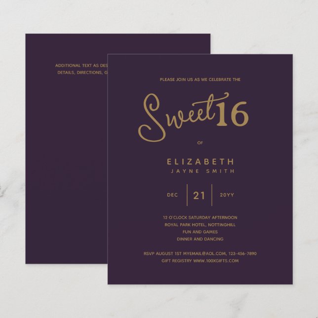 Deep Purple SWEET 16 Modern Elegant Gold Birthday (Front/Back)