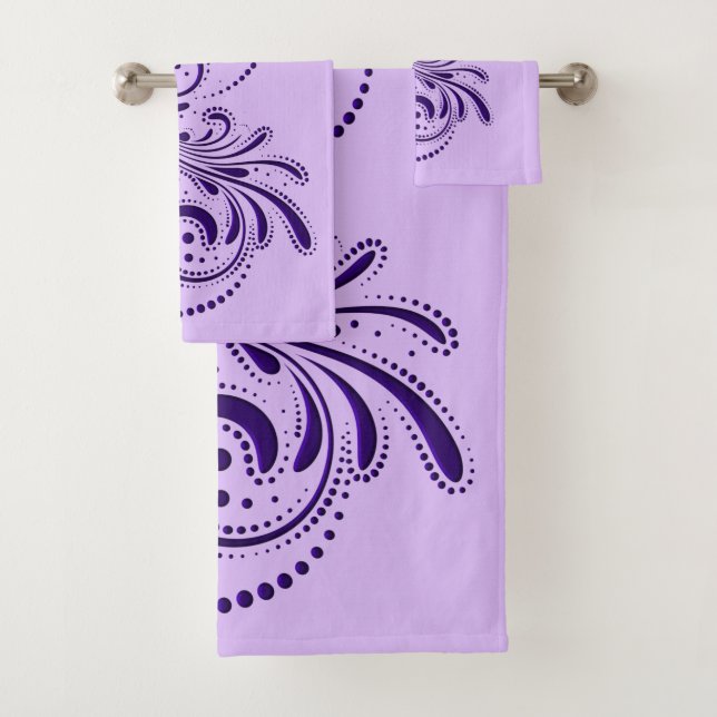 Deep-purple swirl white and lavender background bath towel set (Insitu)