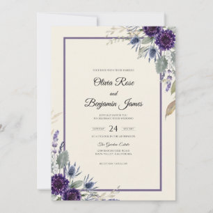 Deep Purple Thistle Sage Wedding Invitation
