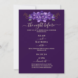 Deep Purple Violet Floral Gold Rehearsal Dinner Invitation