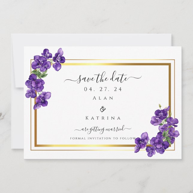 Deep Purple Violets Save The Date Card (Front)