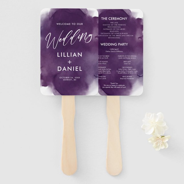 Deep Purple Watercolor Wedding Program Hand Fan (Front and Back)
