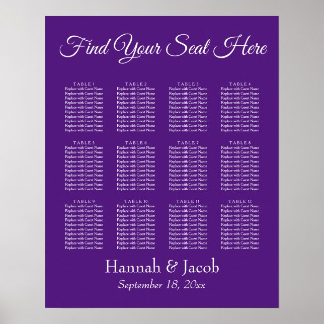 Deep Purple Wedding Reception Seating Chart (Front)