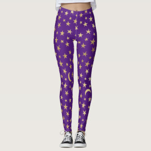 Funky Purple Peacock Feathers and Gold Chain Leggings, Elegant