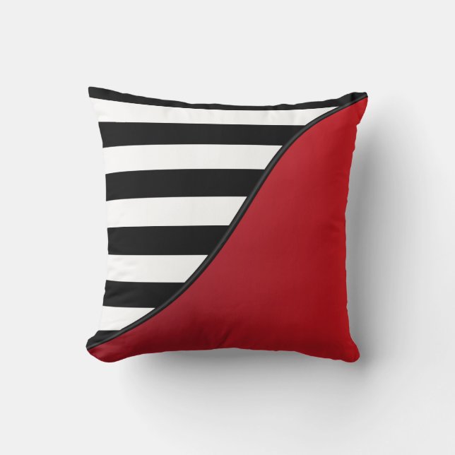 Deep Red and Black and White Stripes Reversible Throw Pillow (Front)