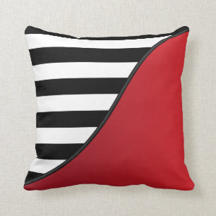 Deep Red and Black and White Stripes Reversible Throw Pillow