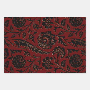 Deep Red and Black Floral Wrapping Paper Sheet