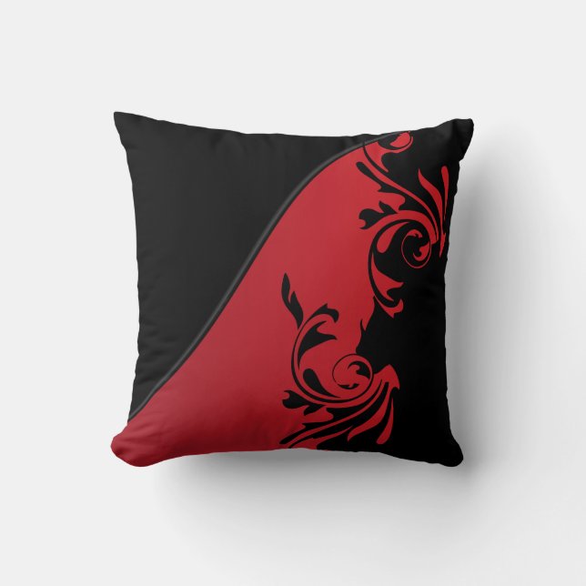 Deep Red and Black Florid Design Throw Pillow (Front)