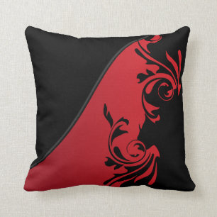 Deep Red and Black Florid Design Throw Pillow