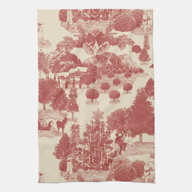 Deep Red and Cream Christmas Winter Wonderland Kitchen Towel (Vertical)
