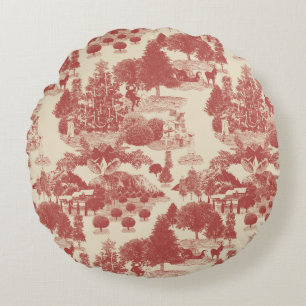 Deep Red and Cream Christmas Winter Wonderland Round Pillow
