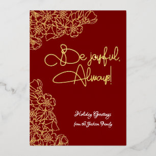 Deep Red and Gold Floral Joyful Photo Christmas Foil Holiday Card