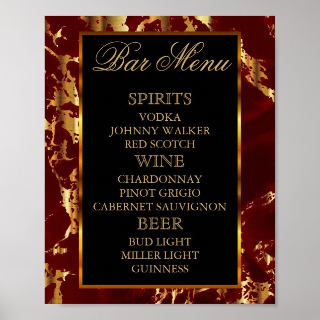 Deep Red and Gold Marble and Black - Bar Menu Poster (Front)