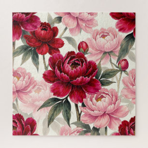 Deep Red and Pink Peony Floral Watercolor Pattern Jigsaw Puzzle