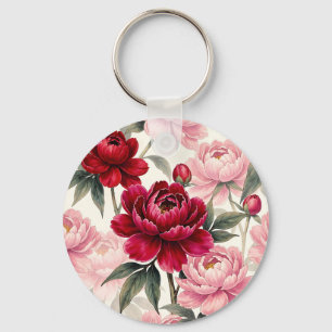 Deep Red and Pink Peony Floral Watercolor Pattern Keychain