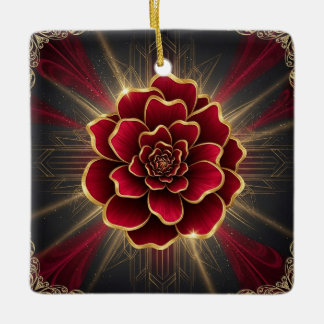 Deep Red Art Deco Flower Ornament with Gold Accent