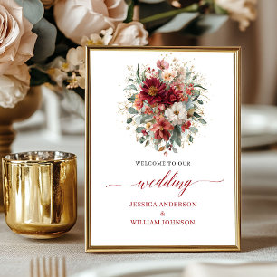 Deep Red Autumn Floral 8x10 Boho Wedding Welcome  Poster