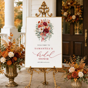 Deep red autumn floral bridal shower welcome sign 