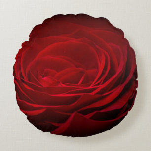 Deep Red Blood Rose On Black Round Pillow