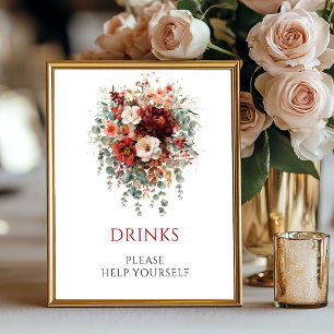 Deep Red Boho Eucalyptus Drinks Tabletop Sign