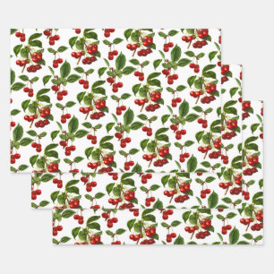 Deep Red Botanical Cherry Print Wrapping Paper Sheet
