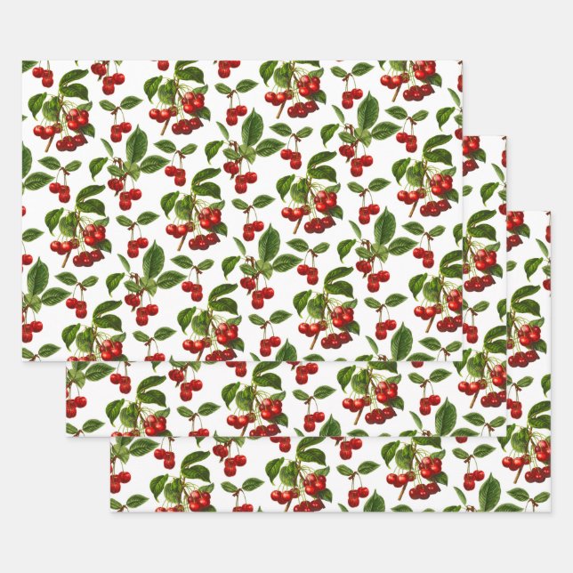 Deep Red Botanical Cherry Print Wrapping Paper Sheet (Set)