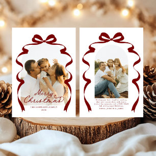 Deep Red Bow Photo Merry Christmas Arch Holiday Card