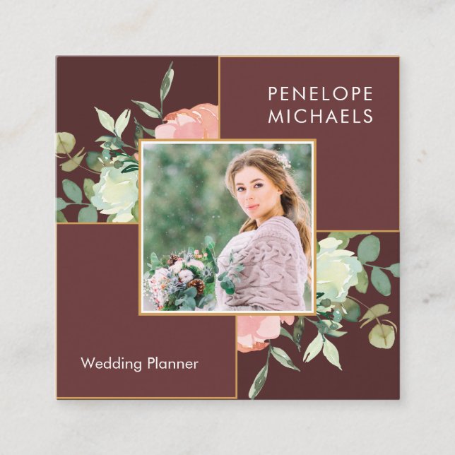 Deep Red Brown with Floral Bouquet Photo Square Business Card (Front)