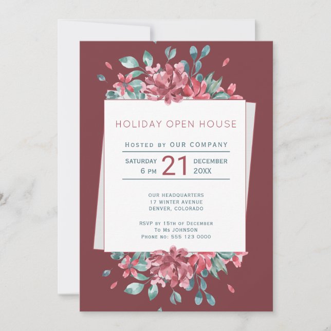 Deep Red Burgundy Blooms Holiday Open House Invitation (Front)