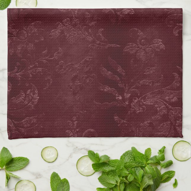 Deep Red Burgundy Floral Christmas Kitchen Towel (Folded)