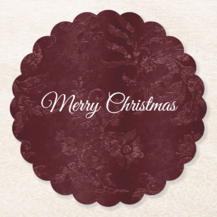Deep Red Burgundy Floral Christmas Paper Coaster