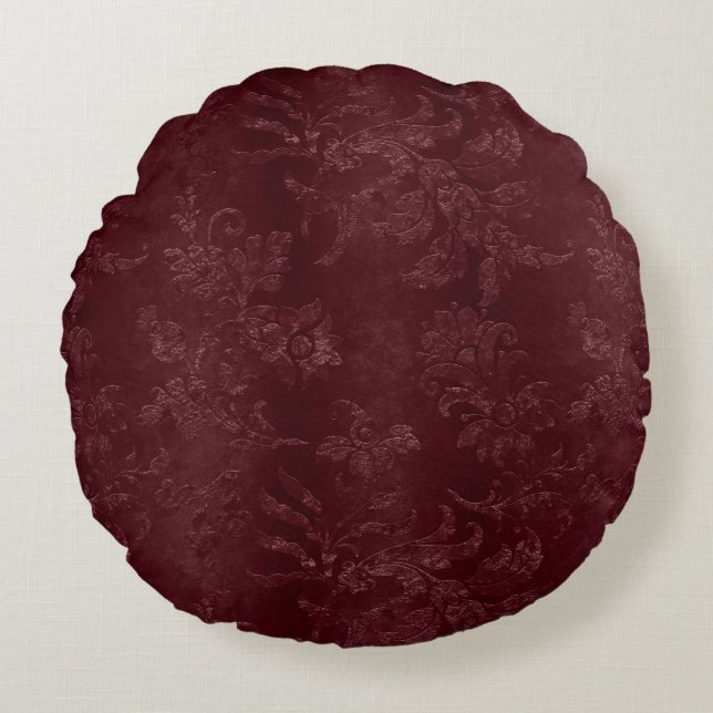 Deep Red Burgundy Floral Christmas Round Pillow (Front)
