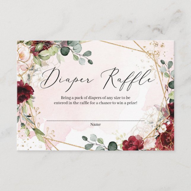 Deep red burgundy floral gold frame diaper raffle enclosure card (Front)