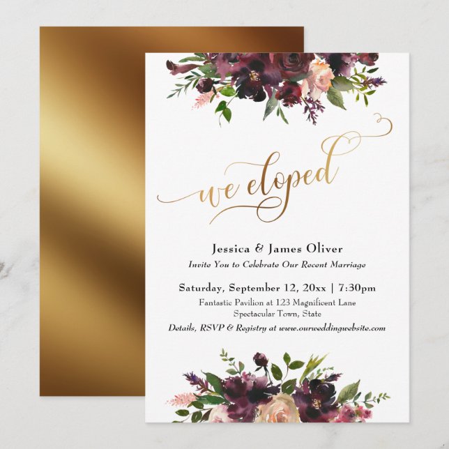 Deep Red Burgundy Floral Gold Script We Eloped Invitation (Front/Back)