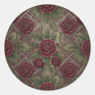 Deep Red Burgundy Roses Green Ornate Lattice  Classic Round Sticker