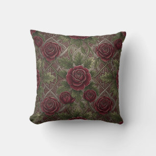 Deep Red Burgundy Roses Green Ornate Lattice Throw Pillow