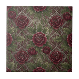 Deep Red Burgundy Roses Green Ornate Lattice Tile