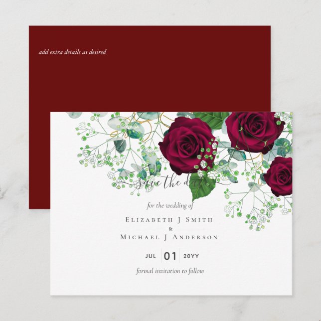 Deep Red Burgundy Roses Wedding Save Date Postcard (Front/Back)