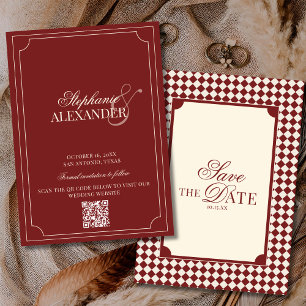 Deep Red Chequered Old Money QR Code Wedding Save The Date
