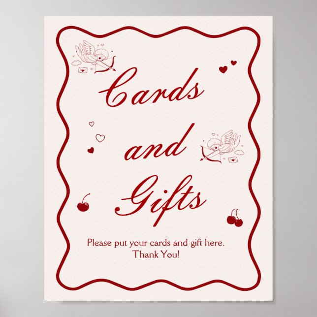 Deep Red Cherry Bridal Shower Cards and Gifts Poster (Front)