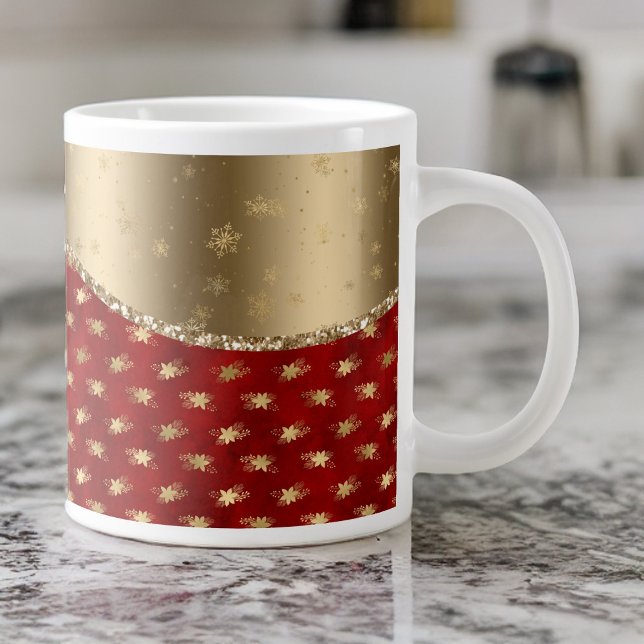 Deep Red Christmas Floral with Gold Ribbon Large Coffee Mug (Creator Uploaded)