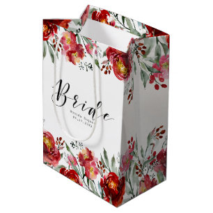 Deep-red colours flowers border- Bride Typography Medium Gift Bag