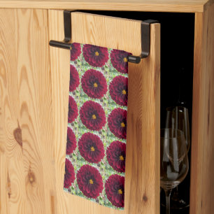 Deep Red Dahlia Floral Pattern Kitchen Towel