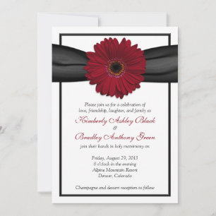 Deep Red Daisy Black Ribbon Faire-part de mariage