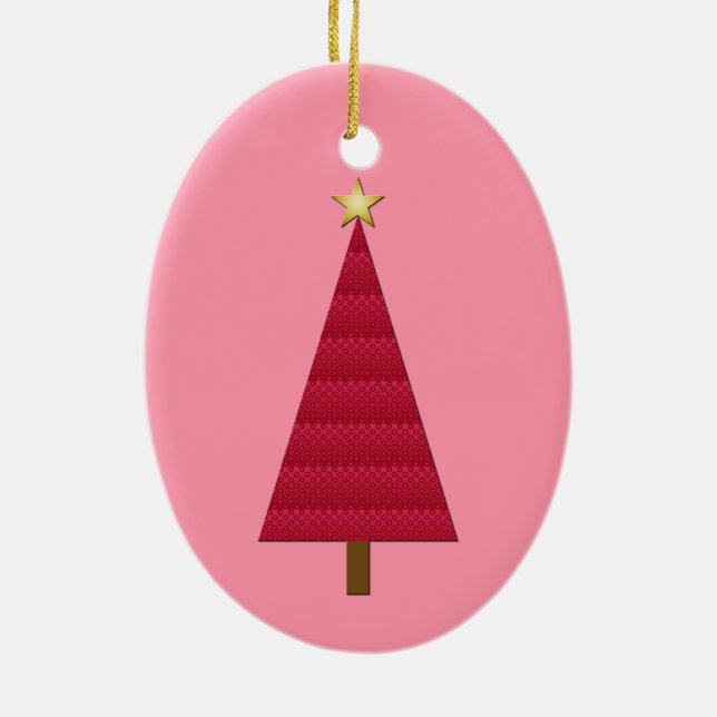 Deep red damask modern Christmas tree Ceramic Ornament (Back)