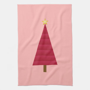 Deep red damask modern Christmas tree Kitchen Towel