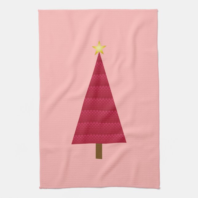Deep red damask modern Christmas tree Kitchen Towel (Vertical)