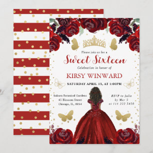 Deep Red Dress Dark Skin Princess Sweet 16 Invitation